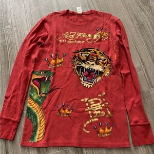 Y2K Christian Audigier Mens Burnt Orange Long Sleeve Ribbed Graphic Tee